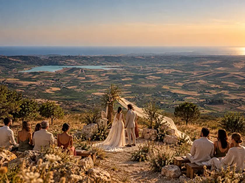 Concept visual of a wedding ceremony overlooking the lake and the sea