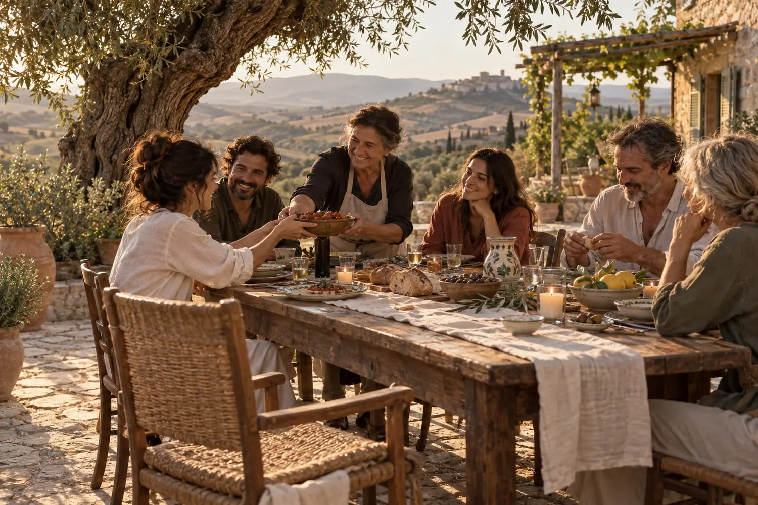 Concept visual of a long table under an olive tree at Zabut